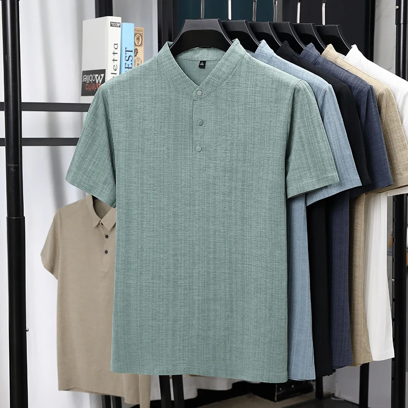 Mens Mandarin Collar Half Plac - Linen Shirt Breathable recension och pris